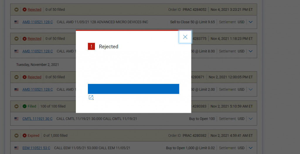 RBC practice trading - Rejected Order of options call 